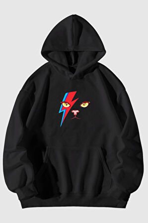 Şimşek Kedi Baskılı Unisex  Kanguru Cepli Kapüşonlu Sweatshirt Hoodie | M