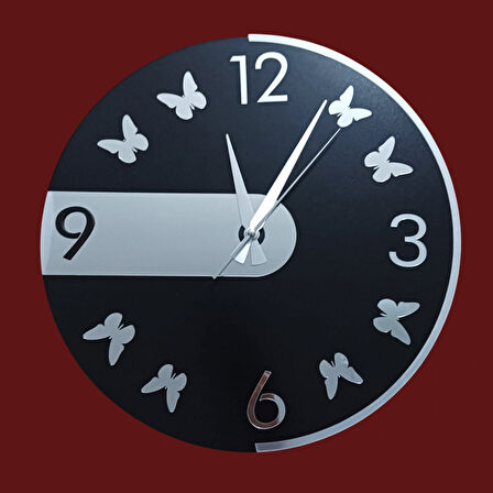 modern tarz dekoratif duvar saati dekorasyon kelebek dekor gümüş aynalı pleksili