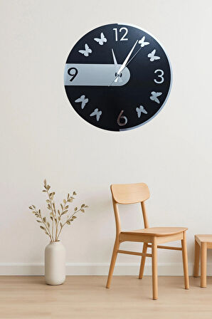 modern tarz dekoratif duvar saati dekorasyon kelebek dekor gümüş aynalı pleksili