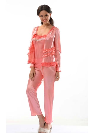 #PijamaTakımı Çeyizlik Sabahlıklı Kaliteli Lüks Gecelik Nar Çiçeği Saten Pijama Takımı