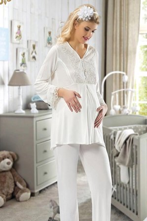 #PijamaTakımı Dantel Detaylı Penye Konforlu Şık Ekru Hamile Lohusa Pijama Takımı