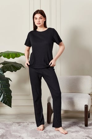 kadın %100 pamuklu fitilli pijama takımı - kısa kollu ribanalı yumuşak dokulu loungewear