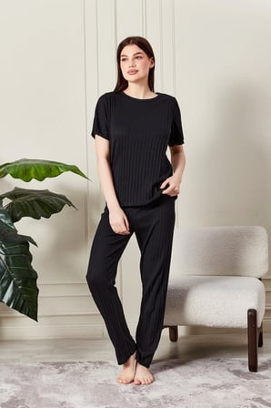 kadın %100 pamuklu fitilli pijama takımı - kısa kollu ribanalı yumuşak dokulu loungewear
