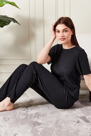 kadın %100 pamuklu fitilli pijama takımı - kısa kollu ribanalı yumuşak dokulu loungewear