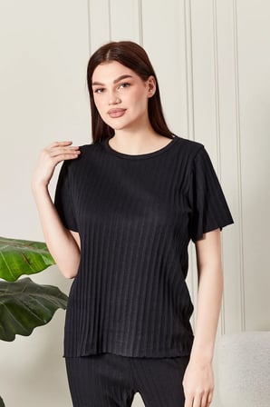 kadın %100 pamuklu fitilli pijama takımı - kısa kollu ribanalı yumuşak dokulu loungewear