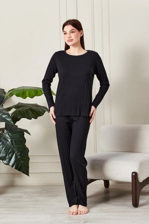 kadın %100 pamuklu fitilli pijama takımı - uzun kollu ribanalı yumuşak dokulu loungewear