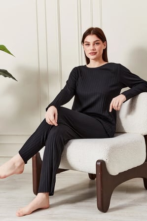 kadın %100 pamuklu fitilli pijama takımı - uzun kollu ribanalı yumuşak dokulu loungewear
