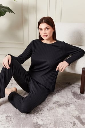 kadın %100 pamuklu fitilli pijama takımı - uzun kollu ribanalı yumuşak dokulu loungewear