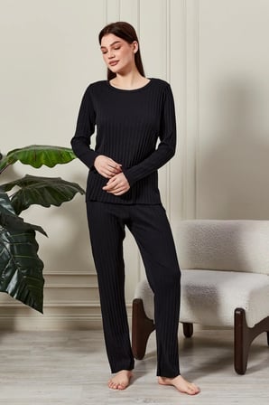 kadın %100 pamuklu fitilli pijama takımı - uzun kollu ribanalı yumuşak dokulu loungewear