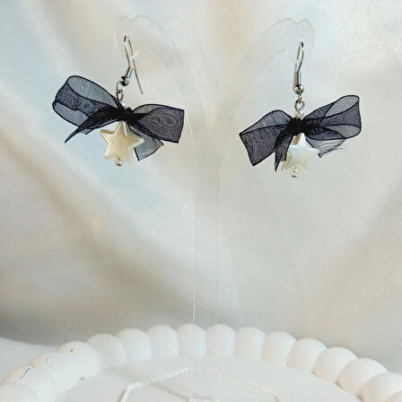 Siyah Kurdele Detaylı Aesthetic Soft Vibes Vintage Coquette Y2K Star Yıldız İnci Küpe