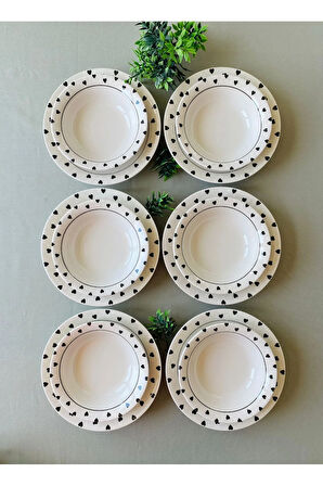 Siyah Kalp Model 12 Parça Modern Yemek Takımı (6 Çorba + 6 Yemek Tabağı)