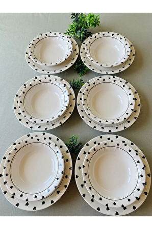 Siyah Kalp Model 12 Parça Modern Yemek Takımı (6 Çorba + 6 Yemek Tabağı)