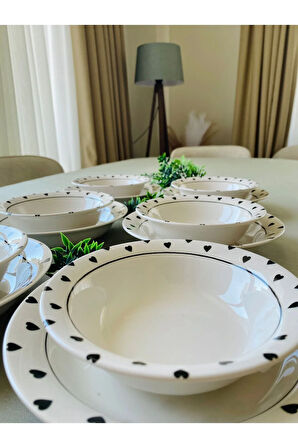 Siyah Kalp Model 12 Parça Modern Yemek Takımı (6 Çorba + 6 Yemek Tabağı)