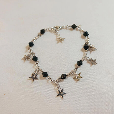 Crystal Atelier Star Y2K Fairycore Pinterest Tarzı Tasarım El Yapımı Kadın Yıldız Bileklik, Gümüş Rodyumlu Kristal Taşlı Yıldız Figürlü Bileklik, Siyah Taşlı Yıldız Gümüş Kaplama Bileklik, Kristal Yıldız Bileklik