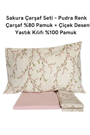 Sakura Çift Kişilik Çarşaf Seti – Pudra Çarşaf %80 Pamuk + Çiçek Desenli Yastık Kılıfı %100 Pamuk