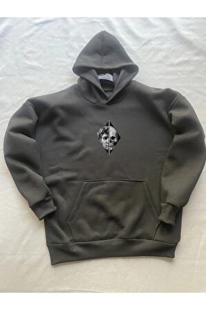 Skull Baskılı Siyah Erkek Kapüşonlu 3 iplik Şardonlu Ribanalı Sweatshirt Hoodie