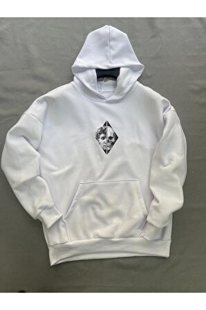 Skull Baskılı Beyaz Erkek Kapüşonlu 3 iplik Şardonlu Ribanalı Sweatshirt Hoodie