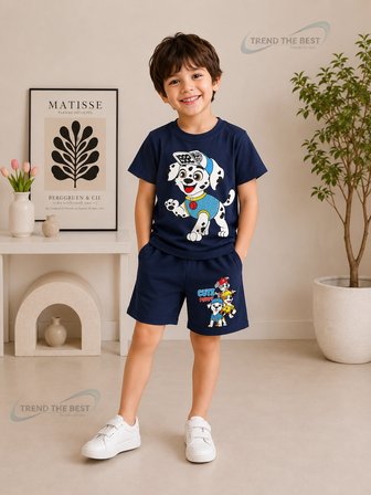 Yazlık Şapkalı Köpek 1982 Baskılı Unisex Kız Erkek Çocuk Lacivert Şort, Lacivert T-Shirt Takım