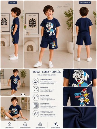 Yazlık Şapkalı Köpek 1982 Baskılı Unisex Kız Erkek Çocuk Lacivert Şort, Lacivert T-Shirt Takım