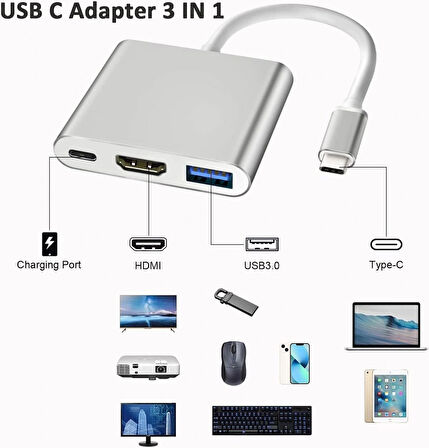 Desingshop Type C To USB-C 4 K Hd HDMI USB 3.0 Port Adaptörü Şarj USB-C