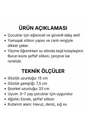 Çocuk Şnorkel Maske Seti 3–6 Yaş – Kulak Tıkaçlı Kutulu – Dalış Gözlüğü – Havuz & Deniz