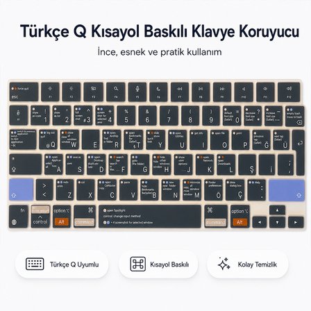 MacBook Air 15.3 İnç M2 M3 M4 M5 A2941 A3114 A3241 A3448 Uyumlu Türkçe Q Kısayollu Klavye Koruyucu