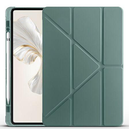 Honor Pad 9 Kılıf Üçgen Katlanabilir Pu Deri Kapaklı Kalemlikli Dikey Standlı Akıllı Tablet Kılıfı