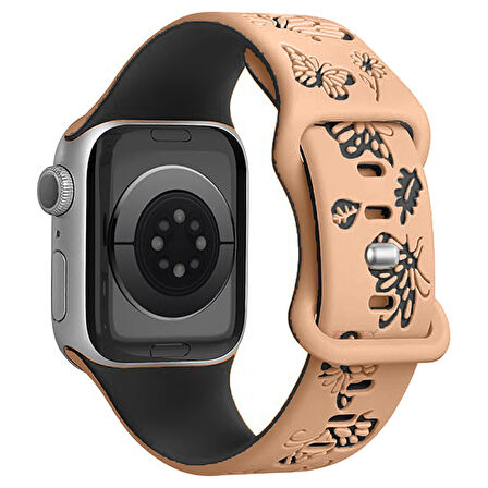 Apple Watch Uyumlu 38 40 41mm Kelebek Desenli Yumuşak Silikon Kordon Seri 2 3 4 5 6 Se 7 8 9 10 42mm