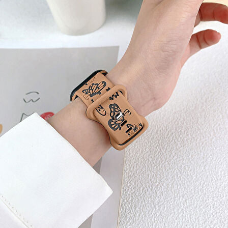 Apple Watch Uyumlu 38 40 41mm Kelebek Desenli Yumuşak Silikon Kordon Seri 2 3 4 5 6 Se 7 8 9 10 42mm