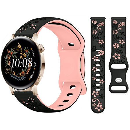 Huawei Watch GT2 GT3 42mm İle Uyumlu FloraFlex Çiçek Desenli Silikon Kordon