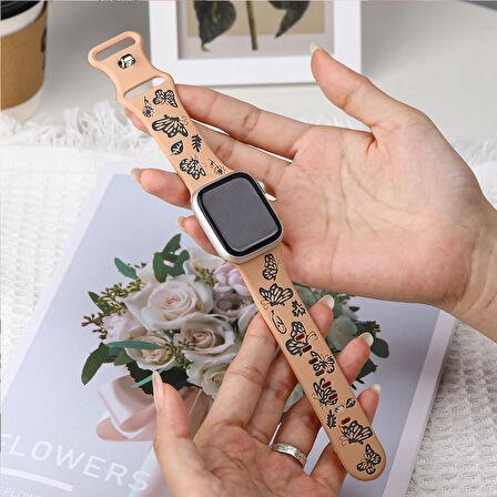 Apple Watch Uyumlu 44 45 46mm Kelebek Desenli Yumuşak Silikon Kordon Seri 2 3 4 5 6 Se 7 8 9 10 