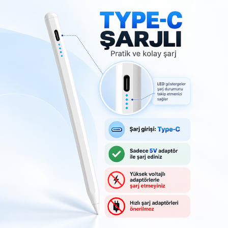 Samsung Galaxy A11 Plus X230 Uyumlu Type-C Şarjlı Aktif Stylus Dokunmatik Ekran Kalemi Not & Çizim