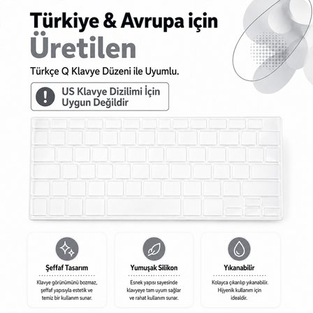 MacBook Pro 14.2 İnç M1 M2 M3 M4 M5 A2442 A2992 A2918 Uyumlu Şeffaf Türkçe Q Klavye Koruyucu Silikon