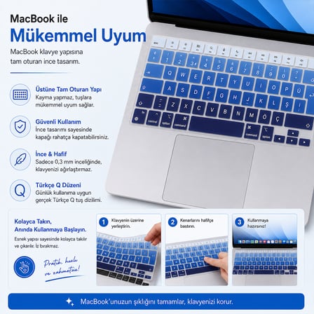 MacBook Pro 16.2 İnç M1 M2 M3 M4 M5 A2485 A2991 Uyumlu Türkçe Q Klavye Koruyucu Mavi Ombre Silikon