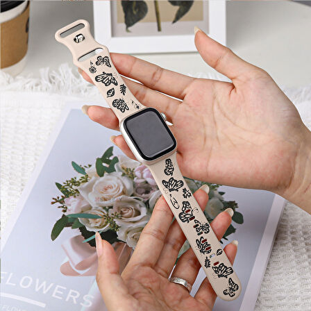 Apple Watch Ultra 1 ve 2 Uyumlu 49mm Kelebek Desenli Yumuşak Silikon Kordon