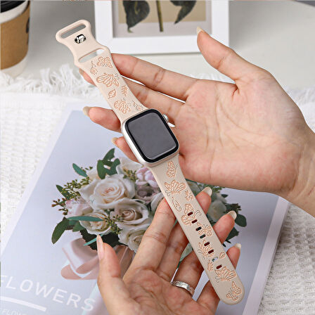 Apple Watch Uyumlu 38 40 41mm Kelebek Desenli Yumuşak Silikon Kordon Seri 2 3 4 5 6 Se 7 8 9 10 42mm