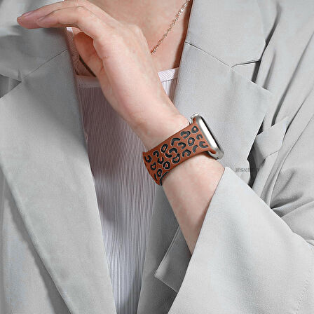 Apple Watch Ultra 1 ve 2 Uyumlu 49mm Leopar Desenli Yumuşak Silikon Kordon