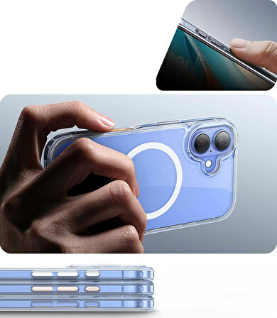 İPhone 16 Magsafe Kablosuz Şarj Destekli Sert Silikon Şeffaf Kapak Ve 5D Ekran Koruyucu