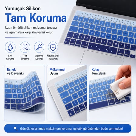 MacBook Pro 14.2 İnç M1 M2 M3 M4 M5 A2442 A2992 Uyumlu Türkçe Q Klavye Koruyucu Mavi Ombre Silikon
