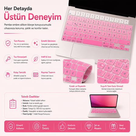MacBook Air 15.3 İnç M2 M3 M4 M5 A2941 A3114 A3241 A3448 Uyumlu Türkçe Q Klavye Koruyucu Pembe Ombre