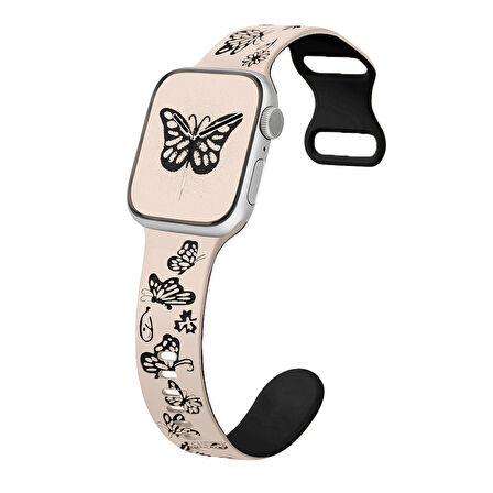 Apple Watch Uyumlu 44 45 46mm Kelebek Desenli Yumuşak Silikon Kordon Seri 2 3 4 5 6 Se 7 8 9 10 