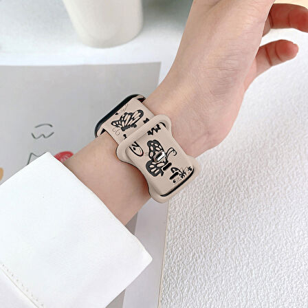 Apple Watch Uyumlu 44 45 46mm Kelebek Desenli Yumuşak Silikon Kordon Seri 2 3 4 5 6 Se 7 8 9 10 