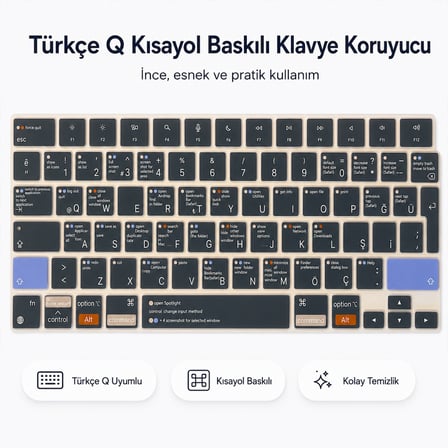 MacBook Pro 16.2 İnç M1 M2 M3 M4 M5 A2485 A2991 Uyumlu Türkçe Q Kısayollu Klavye Koruyucu Silikon