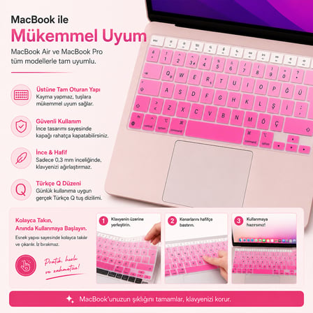 MacBook Pro 14.2 İnç M1 M2 M3 M4 M5 A2442 A2992 Uyumlu Türkçe Q Klavye Koruyucu Pembe Ombre Silikon