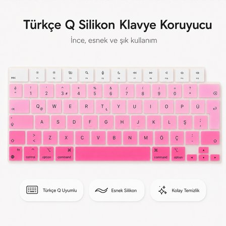 MacBook Air 13.6 İnç M2 M3 M4 M5 A2681 A3113 A3240 A3449 Uyumlu Türkçe Q Klavye Koruyucu Pembe Ombre