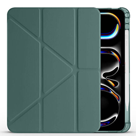 iPad Pro 11 inç M5 2025 Uyumlu Kılıf Üçgen Katlanabilir Kalem Şarj Bölmeli Kılıf A2836 A2837 A3006