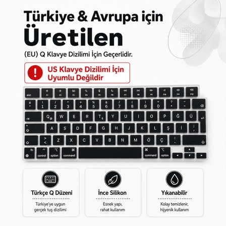 MacBook Air 15.3 İnç M2 M3 M4 M5 A2941 A3114 A3241 A3448 Uyumlu Türkçe Q Klavye Koruyucu Siyah