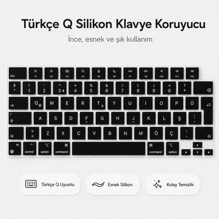 MacBook Air 15.3 İnç M2 M3 M4 M5 A2941 A3114 A3241 A3448 Uyumlu Türkçe Q Klavye Koruyucu Siyah