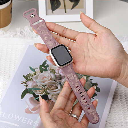 Apple Watch Uyumlu 44 45 46mm Kelebek Desenli Yumuşak Silikon Kordon Seri 2 3 4 5 6 Se 7 8 9 10 