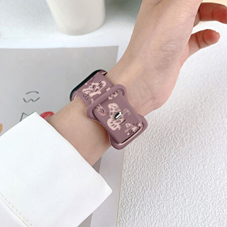 Apple Watch Uyumlu 44 45 46mm Kelebek Desenli Yumuşak Silikon Kordon Seri 2 3 4 5 6 Se 7 8 9 10 